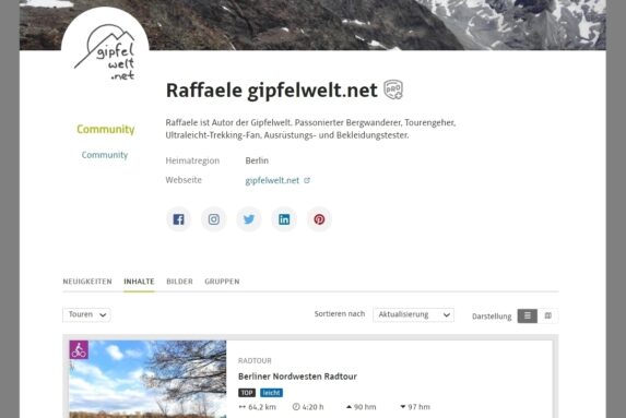 Öffentliches Outdooractive Pro+ Profil meines Blogs