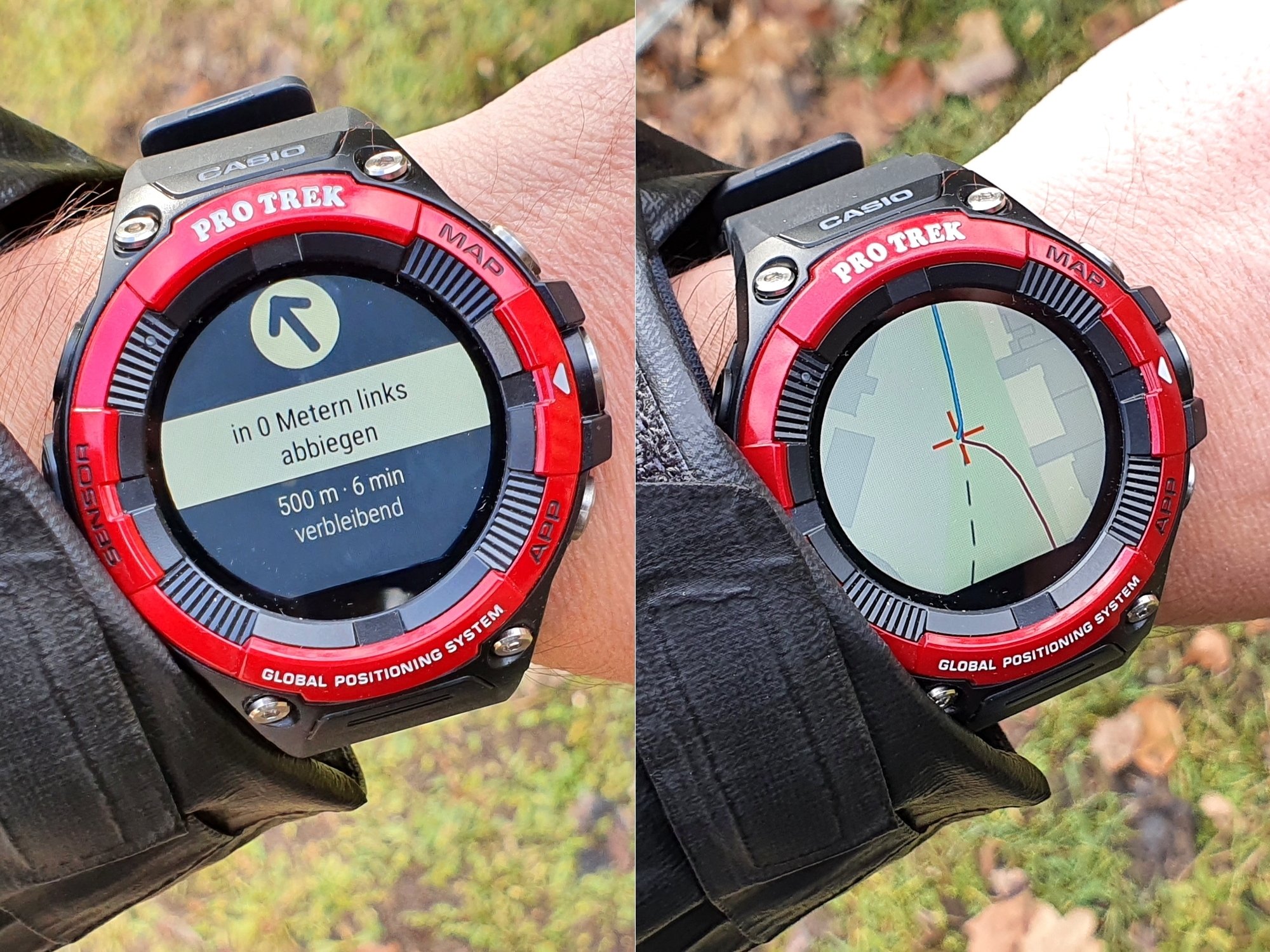 GPS-Navigation auf der Smartwatch mit Outdooractive in der Navigationsansicht (links) und der Kartenansicht