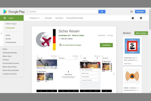 Sicher Reisen App des Auswärtigen Amtes im Play Store