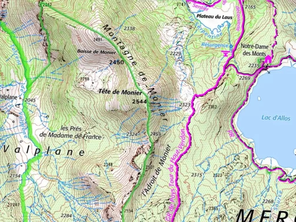 Topografie in der Anwendung: Topografische Karte mit Wanderwegen (lila), Gebietsgrenzen (grün), Gewässern (blau) und Höhenlinien (braun)