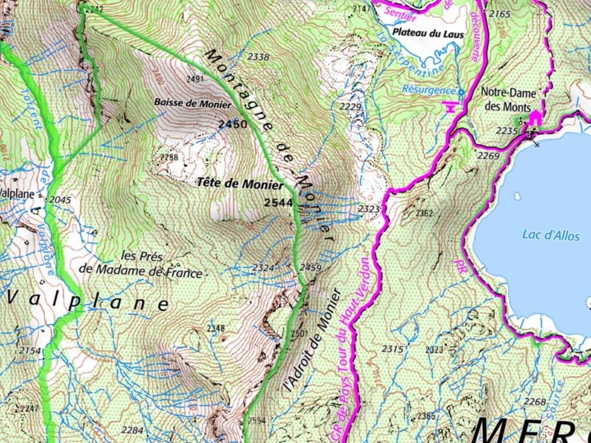 Topografie in der Anwendung: Topografische Karte mit Wanderwegen (lila), Gebietsgrenzen (grün), Gewässern (blau) und Höhenlinien (braun)