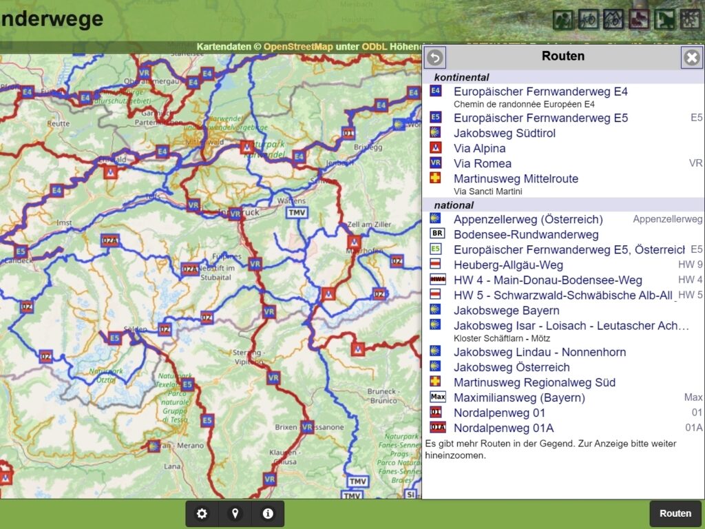 Screenshot der Waymarked Trails Routensuche